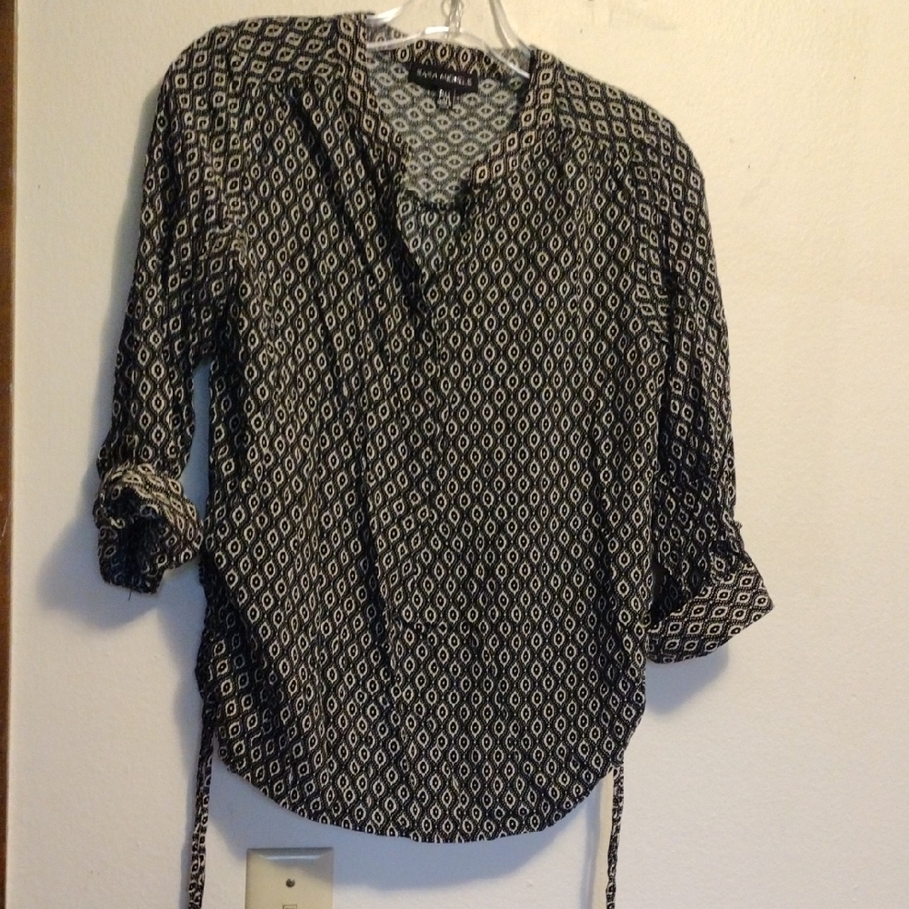 Sara Michelle Black and Gray 3/4 Sleeve Blouse with Mandarin Collar
